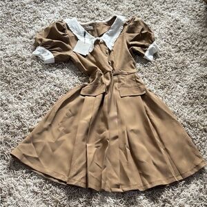 Charming Tan Kids Dress with White Collar